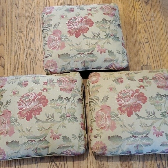THREE FLORAL PILLOWS  WITH PIPING YELLOW PINK GREEN - Picture 1 of 3